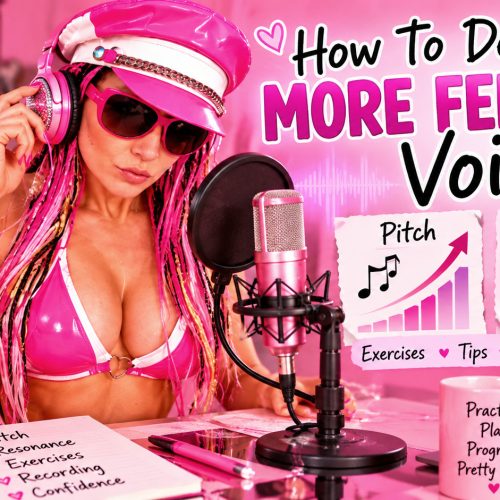 Feminine voice training with Goddess Lana using a microphone and headphones